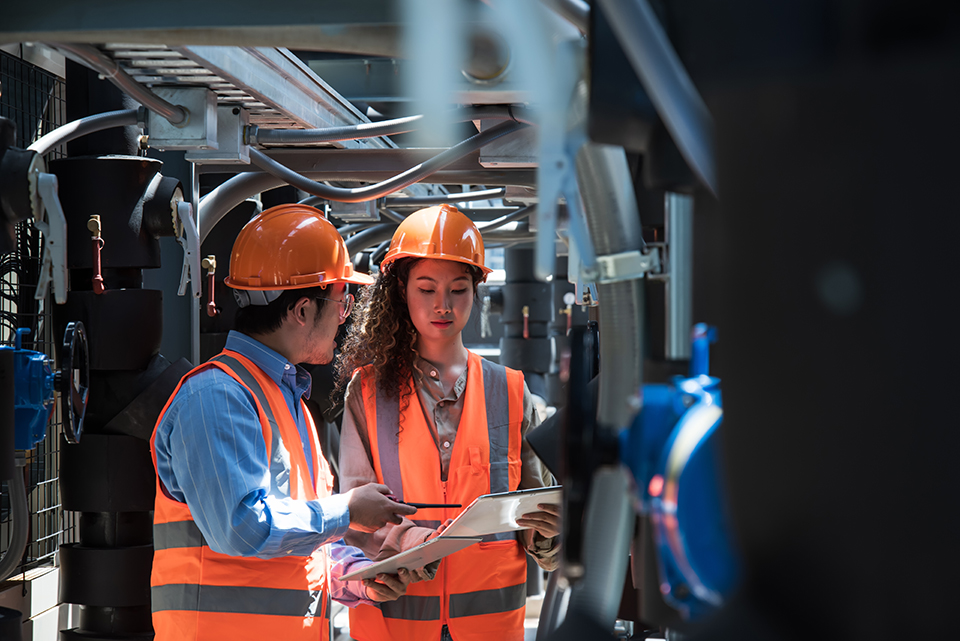 Two workers discussing a project